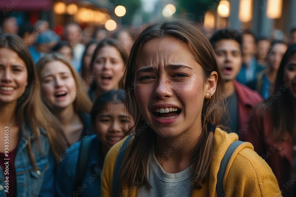 An emotionless girl with a sad look looks at the camera and stands in a group of people. Portrait of a group of people. A crowd is crying on a city street
An emotionless girl with a sad look looks at the camera and stands in a group of people. Portrait of a group of people. A crowd is crying on a city street