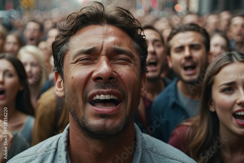 An emotionless man with a sad look looks at the camera and stands in a group of people. Portrait of a group of people. A crowd is crying on a city street. Serious white male activist protesting 