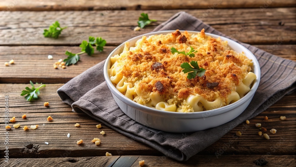 Creamy baked mac & cheese topped with breadcrumbs on a rustic wooden table, traditional, baked, dinner, meal,macaroni, rustic, creamy, pasta, fresh, gourmet, table setting, dairy, delicious Creamy baked mac & cheese topped with breadcrumbs on a rustic wooden table, traditional, baked, dinner, meal,macaroni, rustic, creamy, pasta, fresh, gourmet, table setting, dairy, delicious