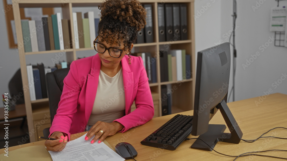 Young hispanic woman working in an office while reviewing documents with a focused expression and wearing a pink blazer, captured in an interior workplace with bookshelves and a computer. Young hispanic woman working in an office while reviewing documents with a focused expression and wearing a pink blazer, captured in an interior workplace with bookshelves and a computer.