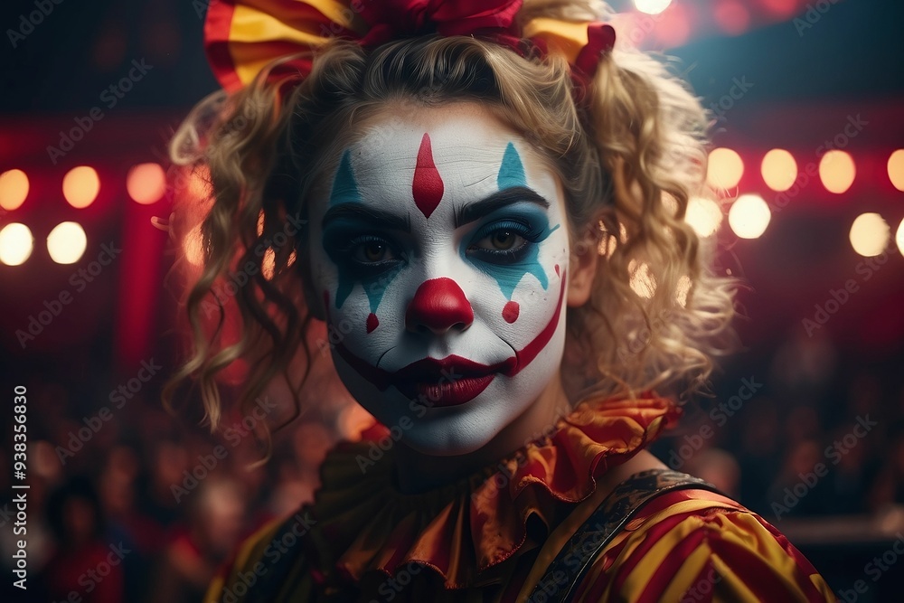 Young red haired woman dressed in a clown costume. Circus performer clown magician showman in retro costume miracle time. Portrait of a clown with a mask Young red haired woman dressed in a clown costume. Circus performer clown magician showman in retro costume miracle time. Portrait of a clown with a mask
