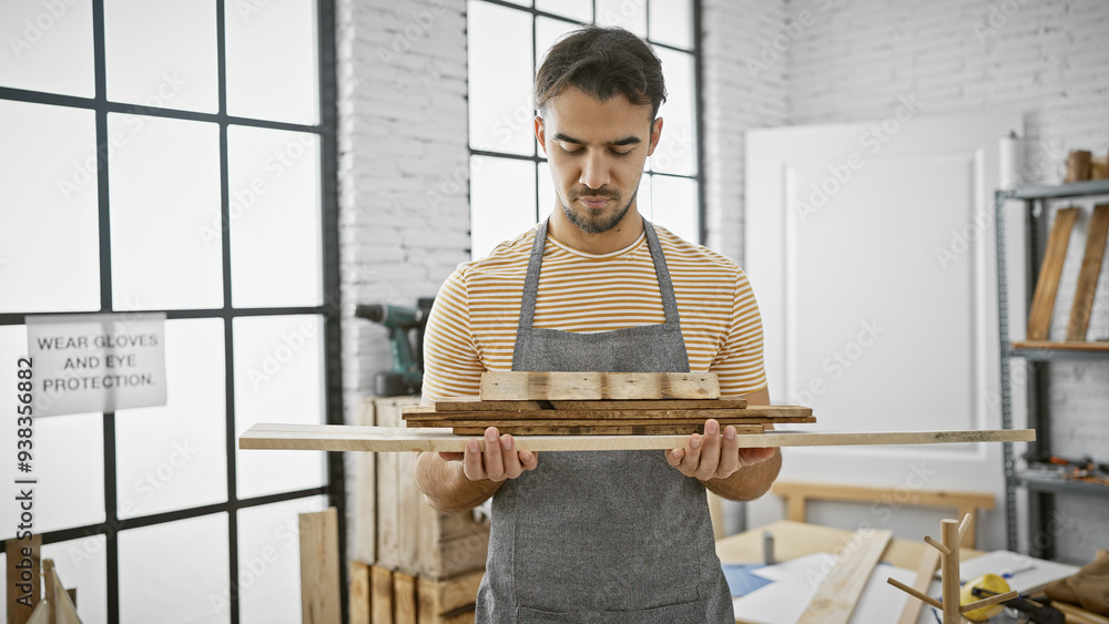 Young hispanic man examines lumber in a bright workshop, embodying craftsmanship and professionalism. Young hispanic man examines lumber in a bright workshop, embodying craftsmanship and professionalism.