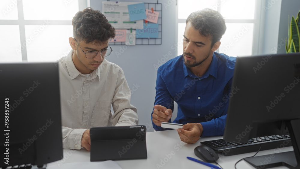 Hispanic men working together in an office with computers and a tablet, discussing business strategies and reviewing a credit card Hispanic men working together in an office with computers and a tablet, discussing business strategies and reviewing a credit card
