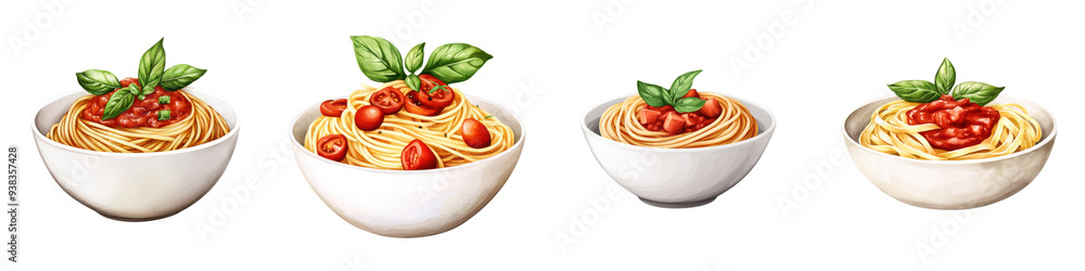 Delicious spaghetti with tomato sauce and fresh basil in white bowls, perfect for Italian cuisine lovers and food photography.