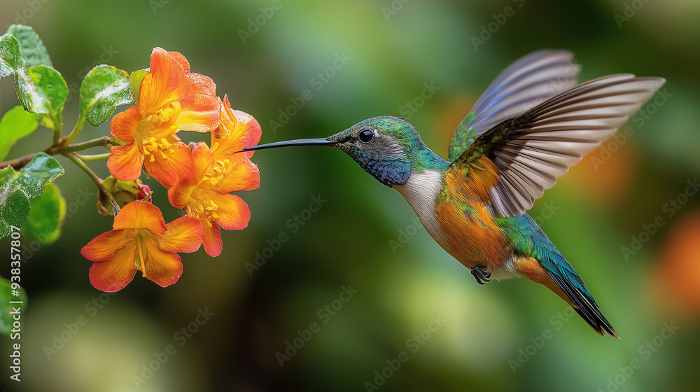 Fototapeta premium Close-up of a hummingbird feeding on bright orange flowers. Diversity of the natural world