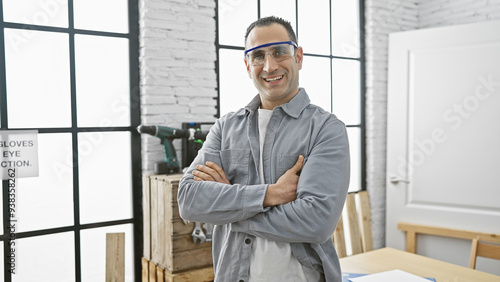 Smiling hispanic man with arms crossed wearing safety goggles stands in a well-lit carpentry workshop.