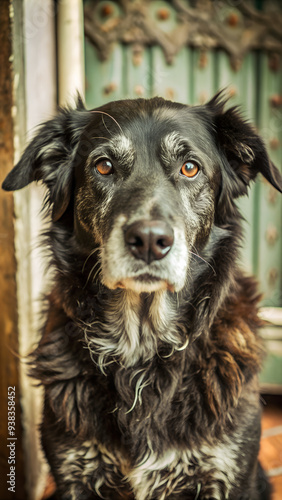 Photo, portrait of an old black mangy sick dog, mongrel in nature.