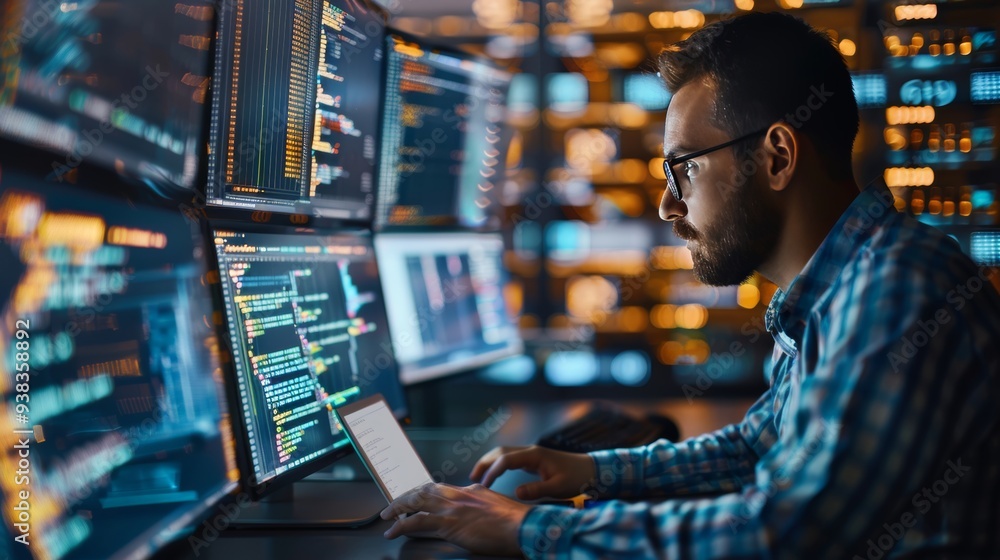 Intense hacker in a high tech environment surrounded by screens displaying code and data Intense hacker in a high tech environment surrounded by screens displaying code and data