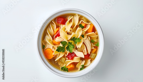 Chicken noodle soup isolated on white background, top view