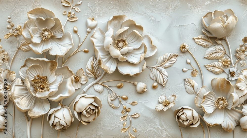 carved white and gold flowers over marble background carved white and gold flowers over marble background