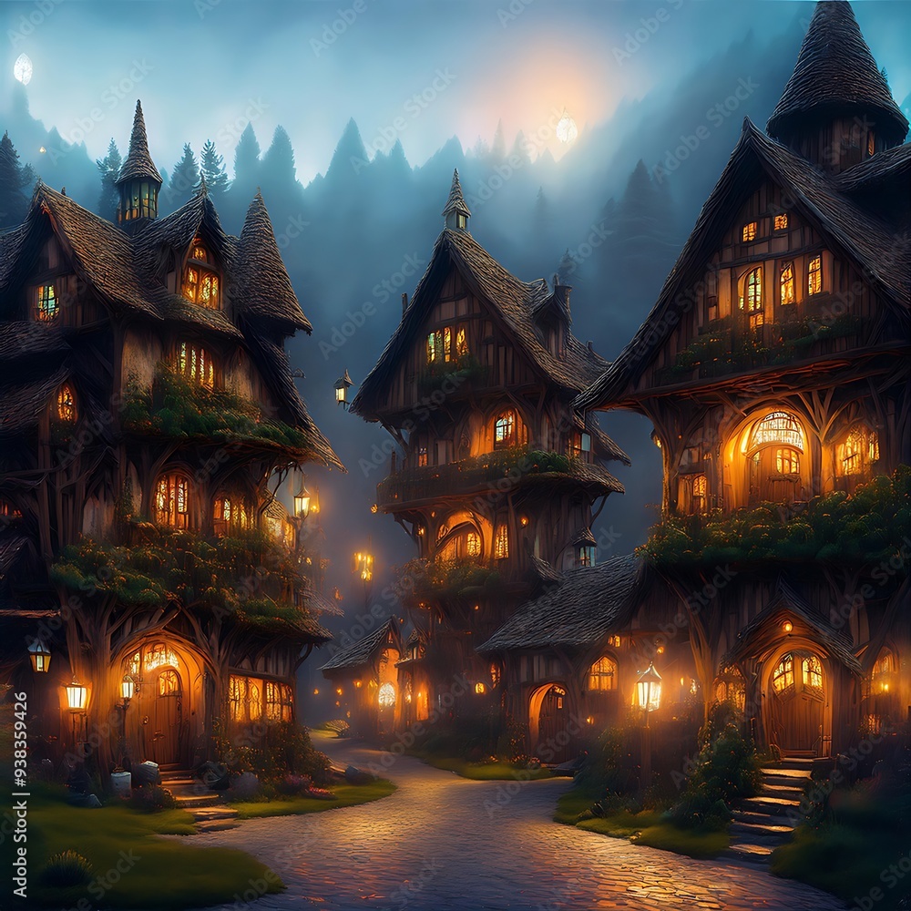 Fantasy Village With Glowing Lights Illustration Fantasy Village With Glowing Lights Illustration
