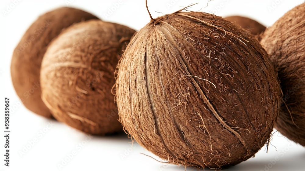Close-up of a coconut with its husk and brown hairy skin, in focus, with other coconuts in the background out of focus. Close-up of a coconut with its husk and brown hairy skin, in focus, with other coconuts in the background out of focus.