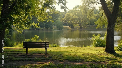 A wooden bench sits beside a serene lake with lush greenery and calm waters