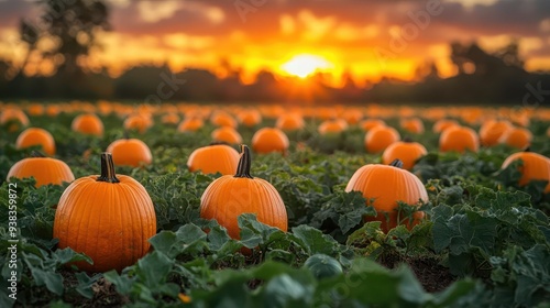 vibrant autumn pumpkin patch bathed in warm sunlight rich orange gourds nestled among lush green vines distant trees showcase a spectrum of fall colors