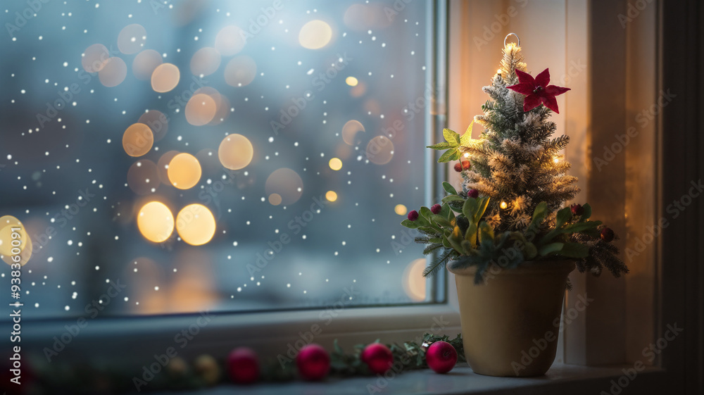 Small living decorated Christmas tree in a pot on a windowsill Small living decorated Christmas tree in a pot on a windowsill