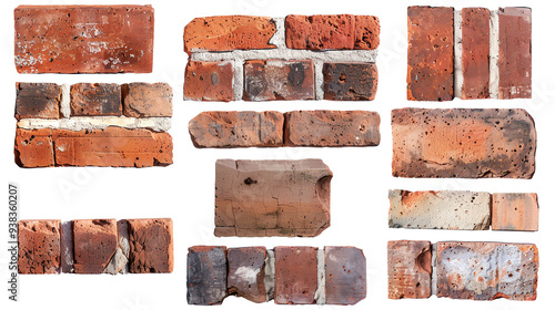 Various sizes and shapes of weathered, reddish-brown bricks and stones are arranged on a white background.