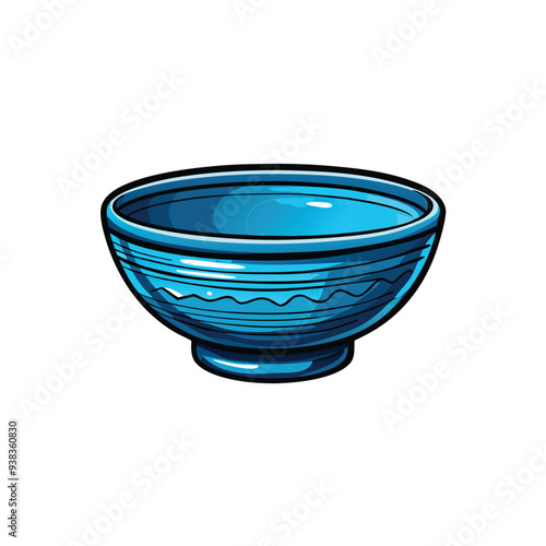 A realistic depiction of a blue ceramic bowl with a wavy rim and a thick base.