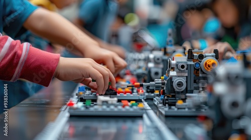 A young student's hands carefully arranging multicolor blocks to construct a robot, showcasing the intricate patterns and details of the set during a classroom learning session.