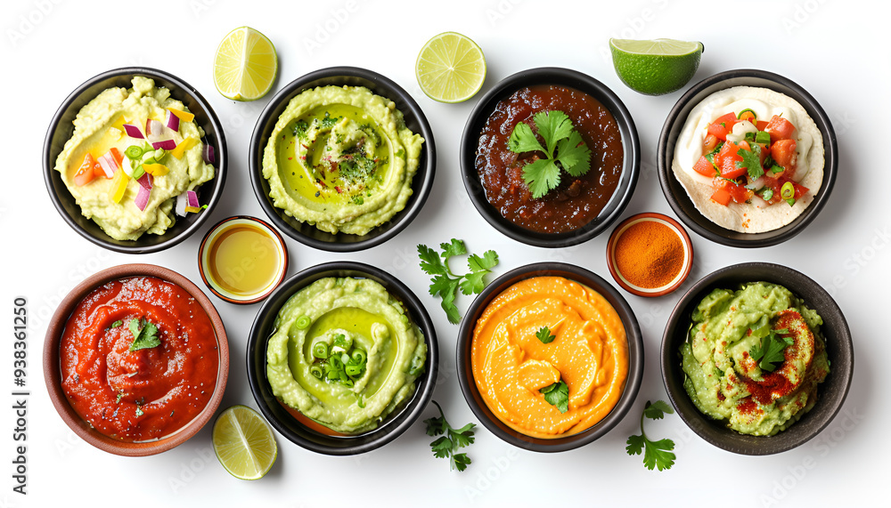 Set of guacamole and different sauces on white background, top view Set of guacamole and different sauces on white background, top view