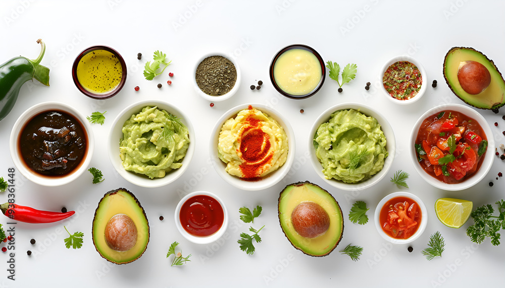 Set of guacamole and different sauces on white background, top view Set of guacamole and different sauces on white background, top view