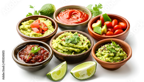 Set of guacamole and different sauces on white background, top view