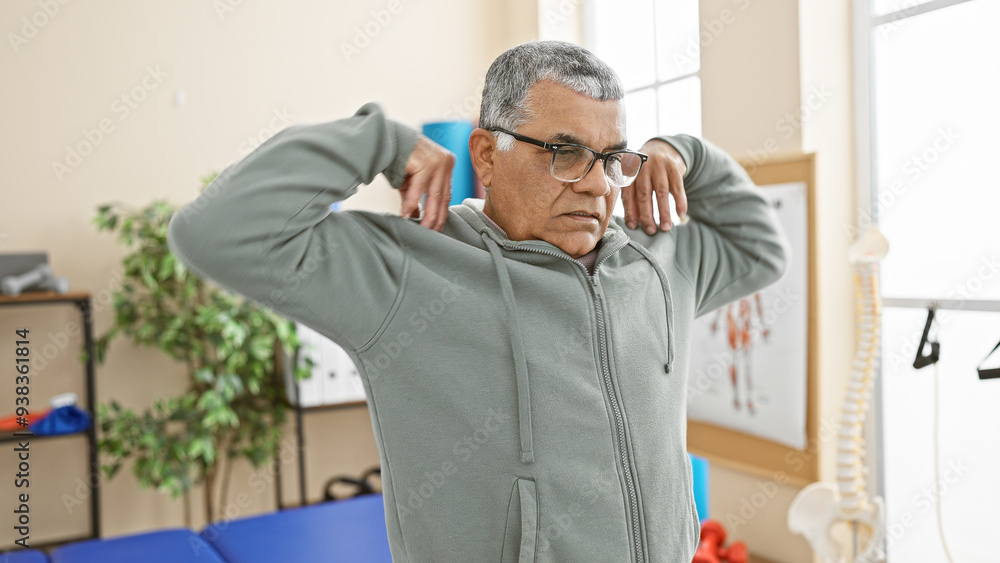 Fototapeta premium Handsome senior latin man exercising in a rehab clinic room, reflecting healthcare for the elderly.