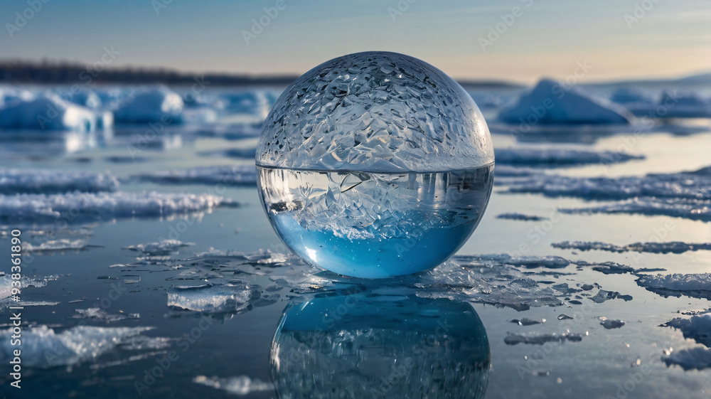 Frosted Glass Orb on Ice in a Clear Blue Landscape, Upside down view of glass sphere, Crystal ball landscape, Close-up of crystal ball on snow covered land Frosted Glass Orb on Ice in a Clear Blue Landscape, Upside down view of glass sphere, Crystal ball landscape, Close-up of crystal ball on snow covered land