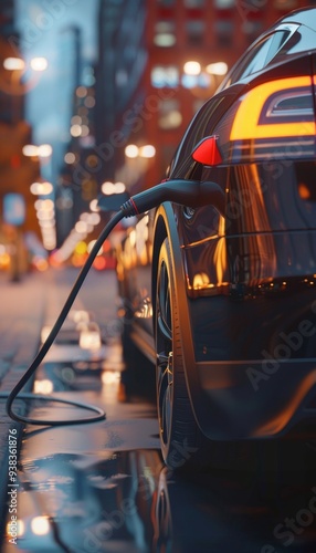 Urban electric vehicle charging station close up of sustainable transportation in action