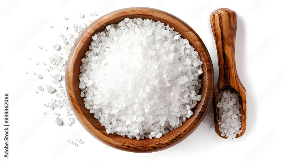Sea salt in wooden bowl isolated on white background closeup top view Sea salt in wooden bowl isolated on white background closeup top view