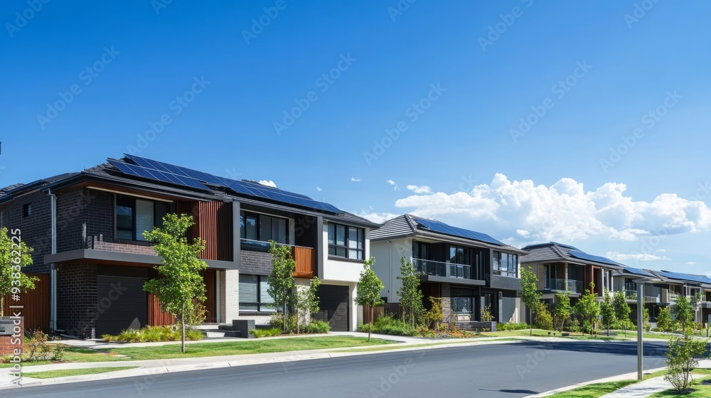 Sustainable Suburbia: Modern Homes with Solar Panels Basking in the Sunshine of a Bright Day. Sustainable Suburbia: Modern Homes with Solar Panels Basking in the Sunshine of a Bright Day.