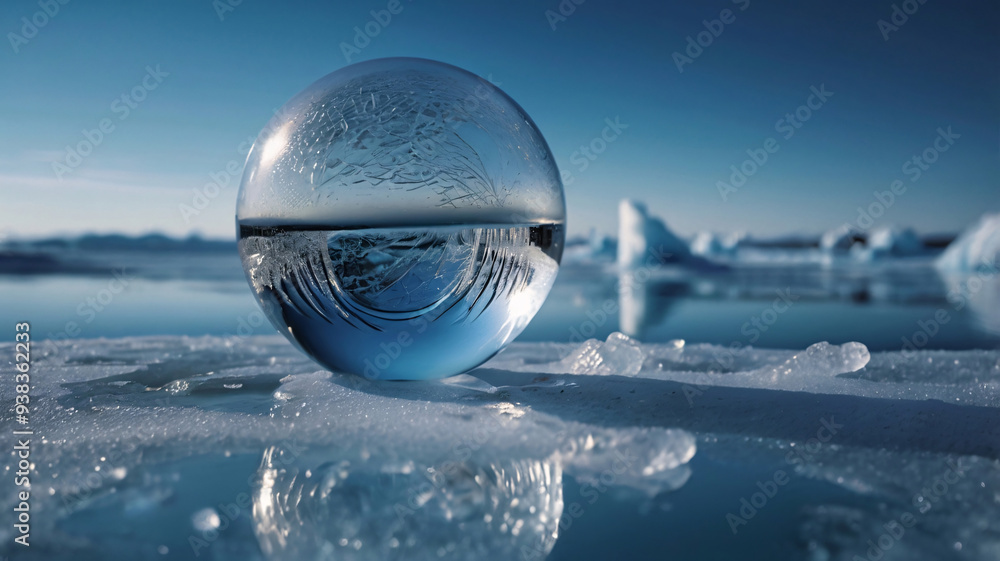 Frosted Glass Orb on Ice in a Clear Blue Landscape, Upside down view of glass sphere, Crystal ball landscape, Close-up of crystal ball on snow covered land Frosted Glass Orb on Ice in a Clear Blue Landscape, Upside down view of glass sphere, Crystal ball landscape, Close-up of crystal ball on snow covered land