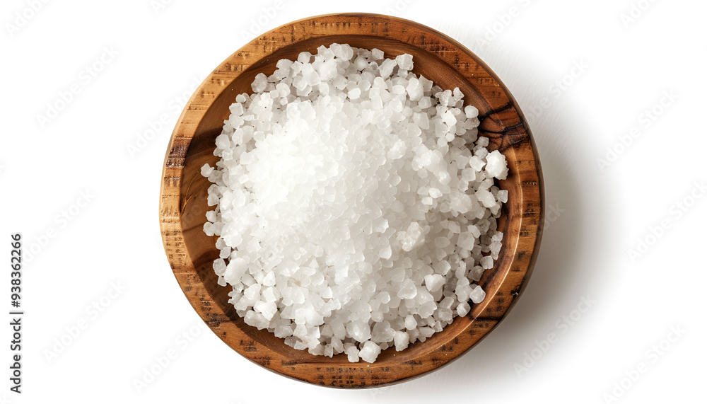 Sea salt in wooden bowl isolated on white background closeup top view Sea salt in wooden bowl isolated on white background closeup top view