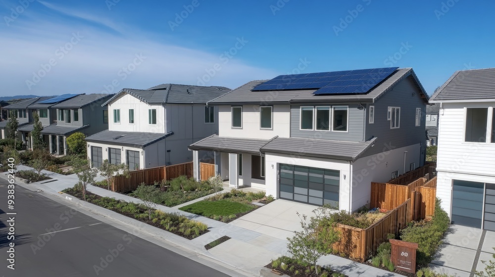 Sustainable Suburbia: Modern Homes with Solar Panels Basking in the Sunshine of a Bright Day. Sustainable Suburbia: Modern Homes with Solar Panels Basking in the Sunshine of a Bright Day.