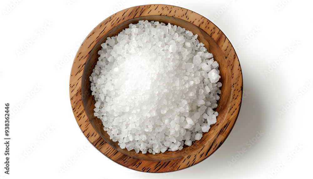Sea salt in wooden bowl isolated on white background closeup top view Sea salt in wooden bowl isolated on white background closeup top view
