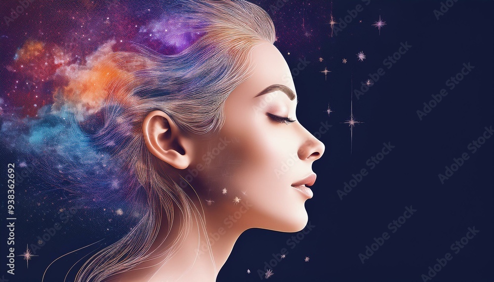 Profile of a woman with the cosmos as a brain. The scientific concept. The brain and creativity Profile of a woman with the cosmos as a brain. The scientific concept. The brain and creativity