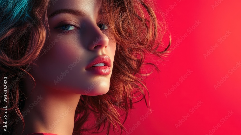 Close-up portrait of a woman with wavy hair and red lighting against a red background Close-up portrait of a woman with wavy hair and red lighting against a red background