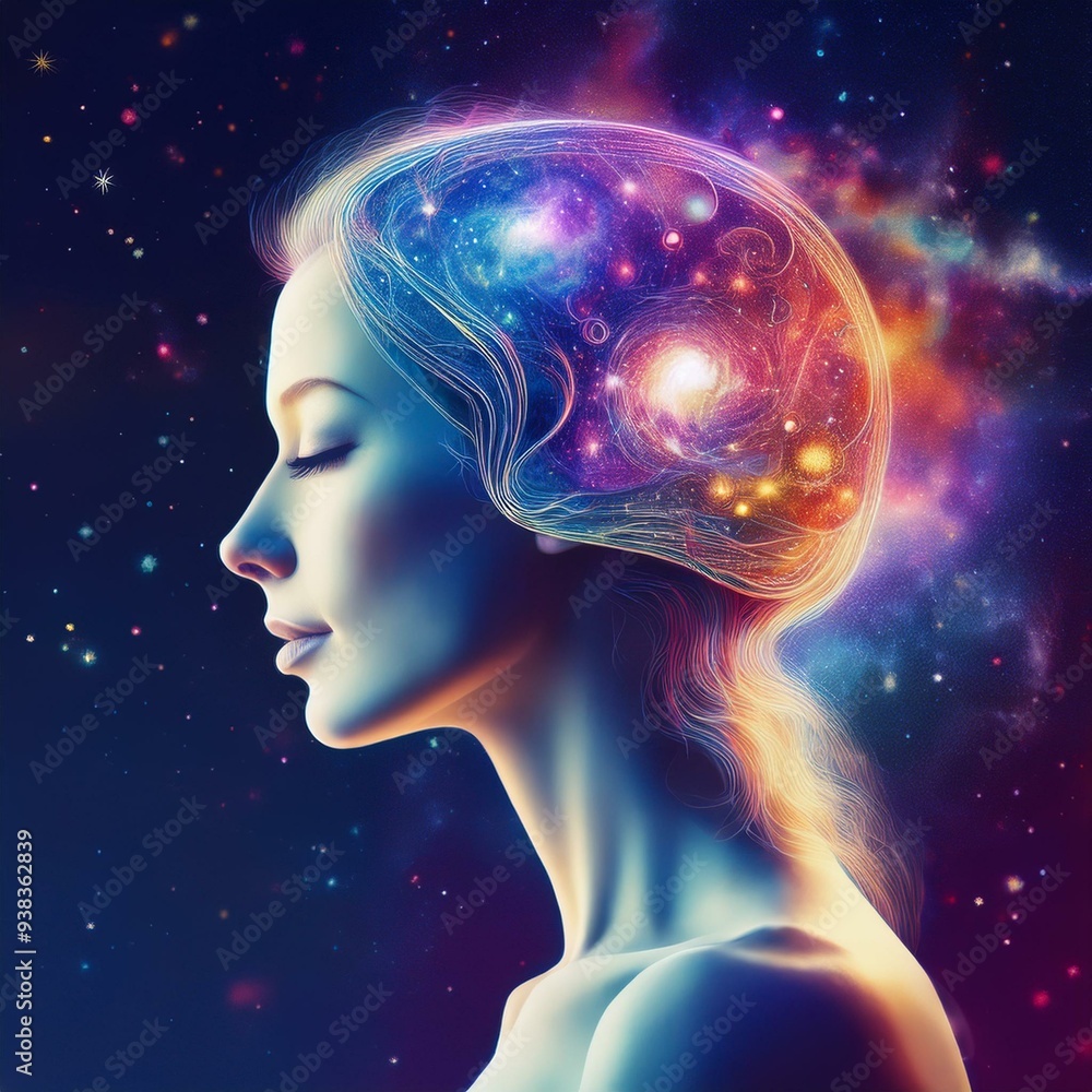 Profile of a woman with the cosmos as a brain. The scientific concept. The brain and creativity Profile of a woman with the cosmos as a brain. The scientific concept. The brain and creativity