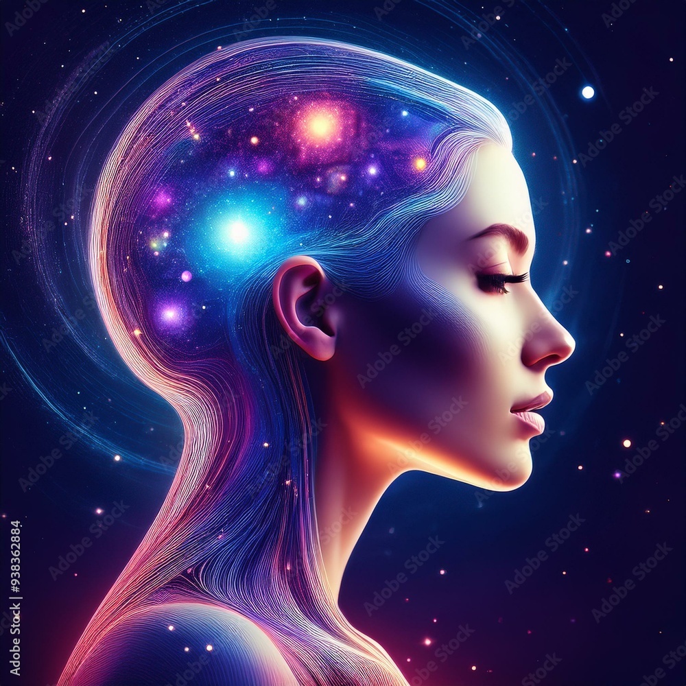 Profile of a woman with the cosmos as a brain. The scientific concept. The brain and creativity
