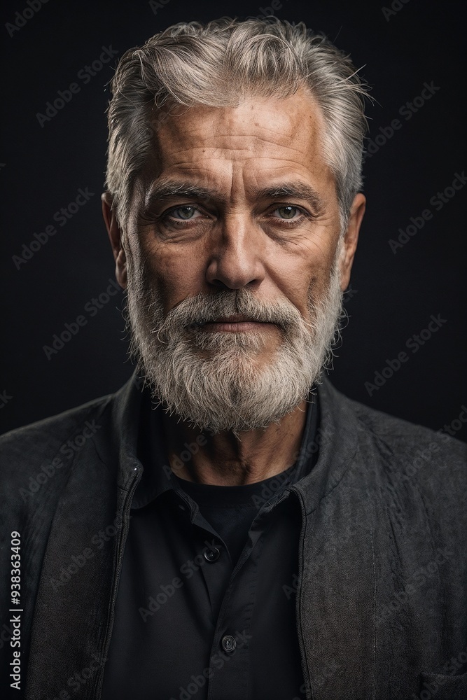 Mature man with intense gaze and silver beard against dark background Mature man with intense gaze and silver beard against dark background