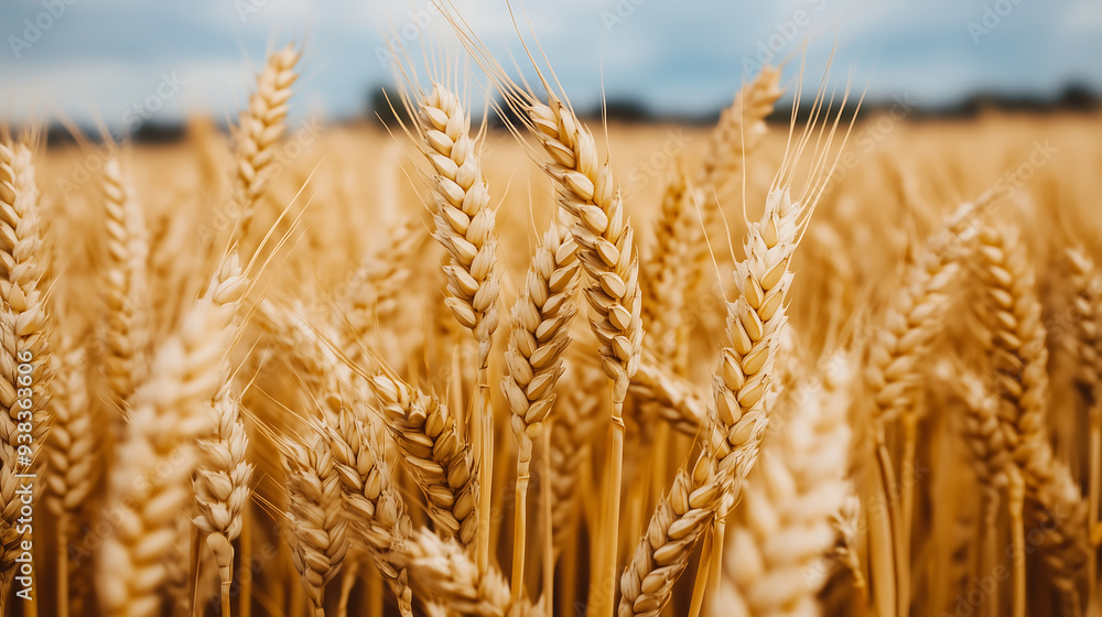 Fototapeta premium close up of golden wheat stalks in an open field, symbolizing the abundance and vitality of the harvest season