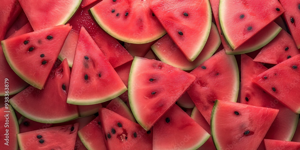 Close-up of a pile of watermelon slices with black seeds. Close-up of a pile of watermelon slices with black seeds.