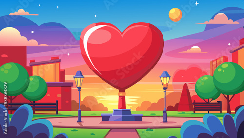 Heart Statue in Vibrant Park during Sunset in Cartoon Style