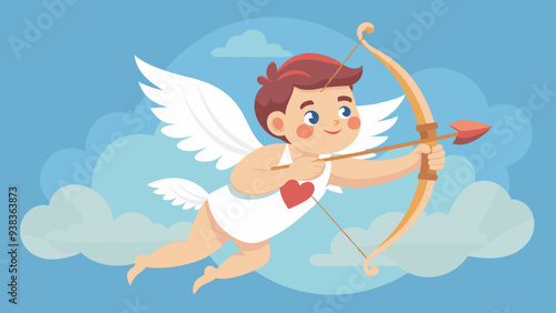 Cupid with Bow and Heart Arrow Flying in Cloudy Blue Sky in Cartoon Style