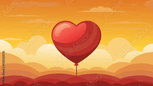 Heart Balloon in Golden Sunset Sky in Cartoon Style