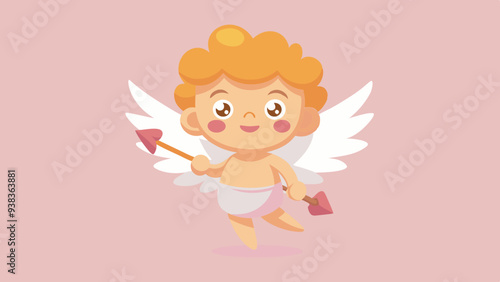Chubby Cupid with Heart Arrow in Pink Background in Cartoon Style