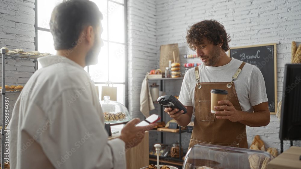 Customer paying baker with phone as barista stands behind counter at bakery interior with pastries and bread displayed Customer paying baker with phone as barista stands behind counter at bakery interior with pastries and bread displayed