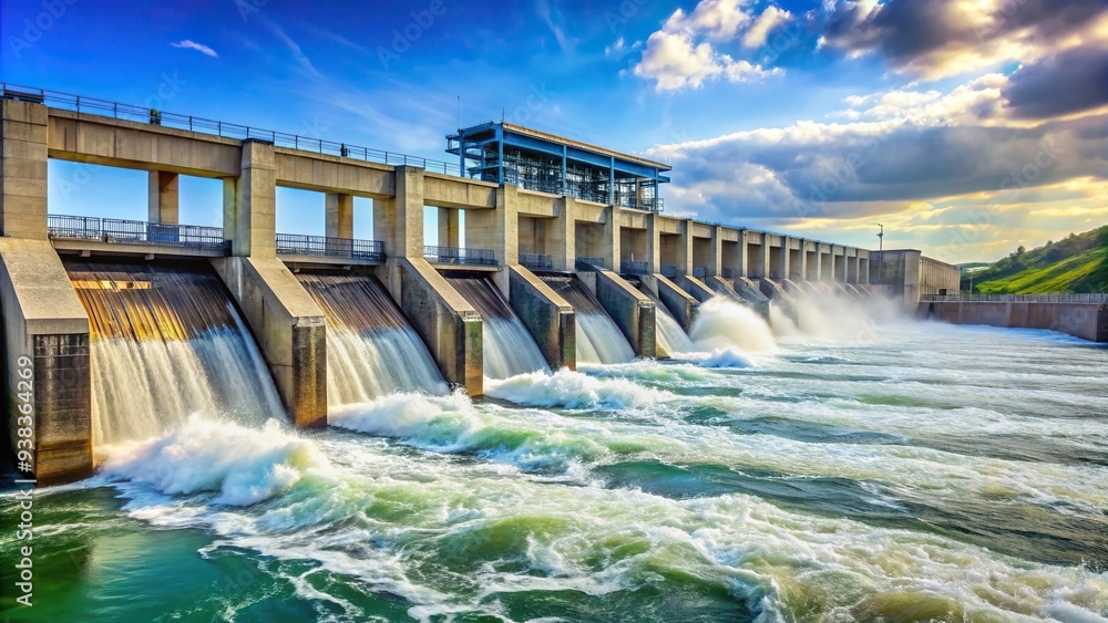 Clean energy generated by a hydropower plant utilizing the tilted angle of downstream water flow, energy production, electricity, eco-friendly, alternative energy, environment Clean energy generated by a hydropower plant utilizing the tilted angle of downstream water flow, energy production, electricity, eco-friendly, alternative energy, environment