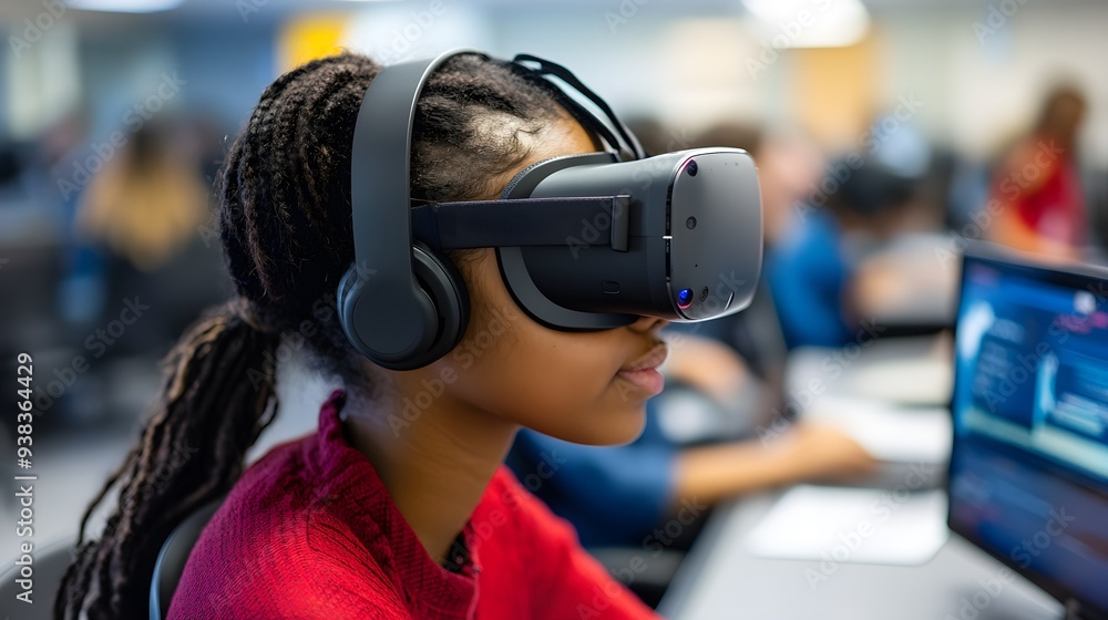 A young girl wearing virtual reality goggles and headphones is engaged in a digital experience in a classroom setting, showcasing the integration of technology in education. A young girl wearing virtual reality goggles and headphones is engaged in a digital experience in a classroom setting, showcasing the integration of technology in education.
