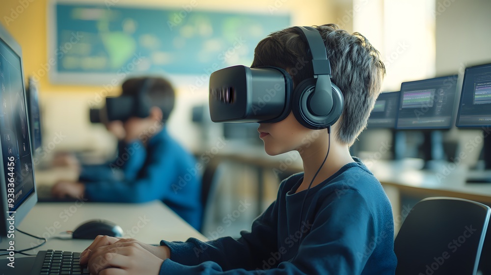 A young boy immersed in virtual reality while using a computer in a classroom setting, showcasing the integration of technology in education. A young boy immersed in virtual reality while using a computer in a classroom setting, showcasing the integration of technology in education.