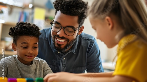 A joyful father engages in playful learning with his children through colorful building blocks. 